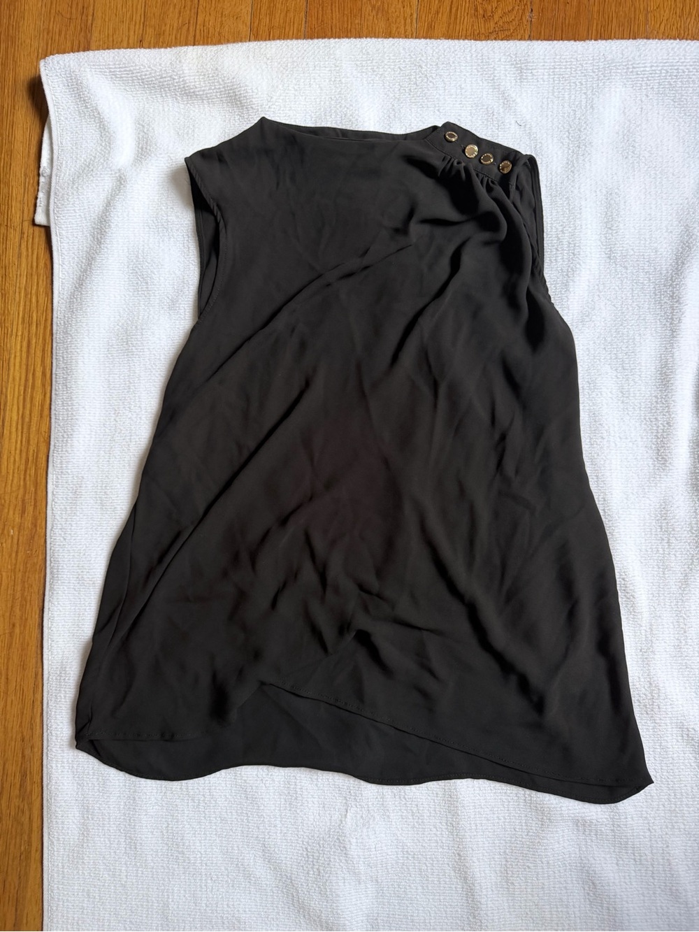 Tahari Black Sleeveless Shell with Shoulder Button Detail